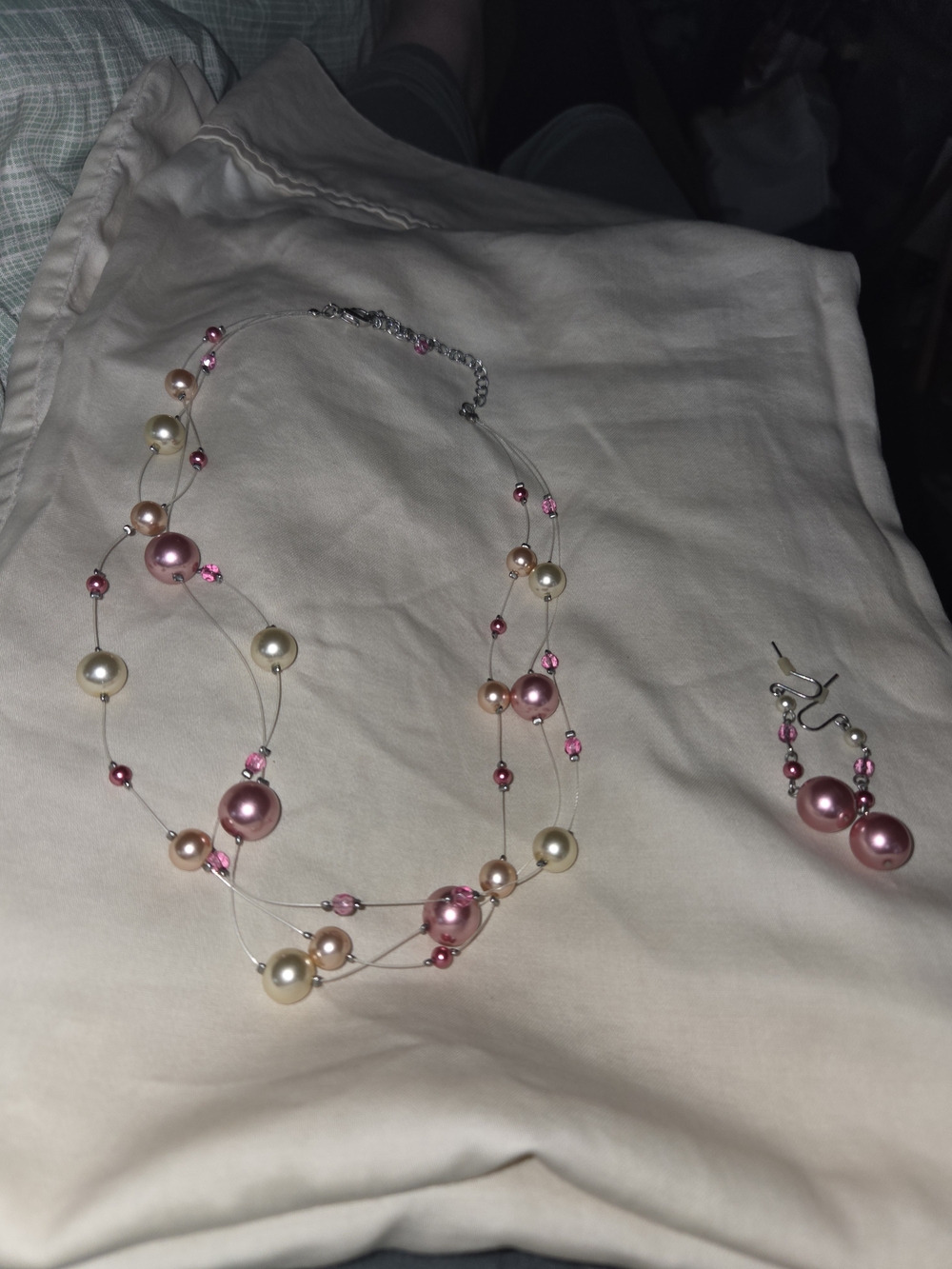 Pink and Cream Multi-Strand Faux Pearl Necklace with Earrings